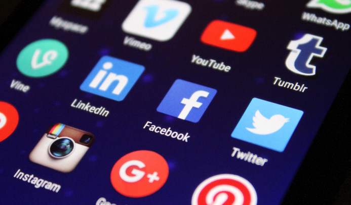 Nahaufnahme eines Smartphone-Bildschirms mit verschiedenen Social-Media-App-Icons wie Facebook, LinkedIn, Twitter und Instagram.