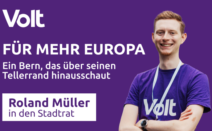 Violettes Bild mit dem Volt Logo, darunter die Schriftzüge 
