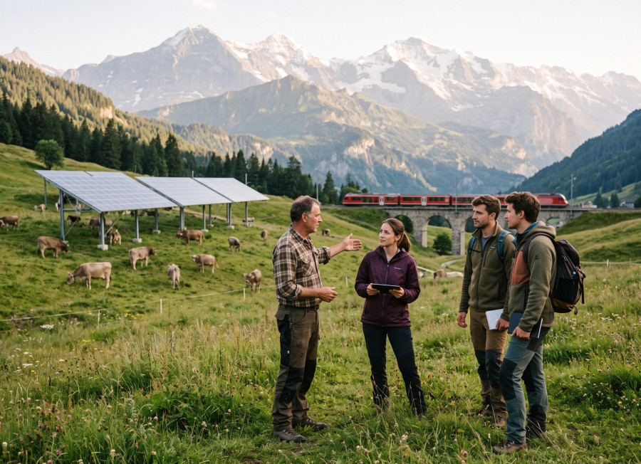 Drei junge Kampagnenvertreter:innen mit Tablet unterhalten sich auf einer Bergwiese mit einem Schweizer Landwirt über eine aufgeständerte Solaranlage. Im Hintergrund weiden Kühe unter den Paneelen, während ein roter Regionalzug über ein Viadukt vor Bergmassiven fährt.