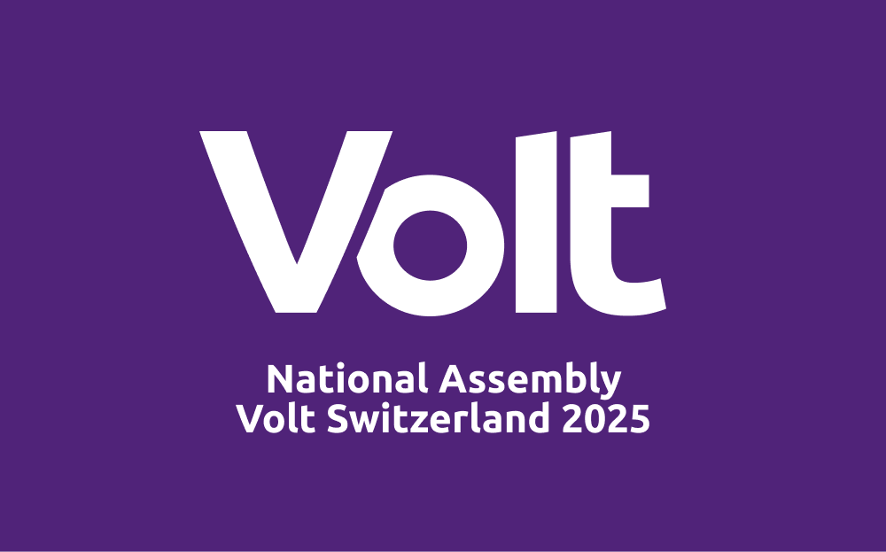 Violetter Hintergrund mit dem Volt Logo und dem Schriftzug: National Assembly Volt Switzerland 2025